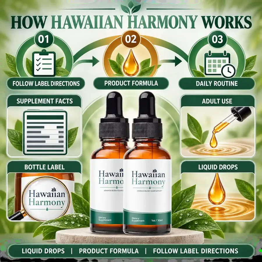 Brand graphic titled How Hawaiian Harmony Works with two amber dropper bottles on a stone stand and tiles for Follow Label Directions, Product Formula, Daily Routine, Supplement Facts, Adult Use, Bottle Label and Liquid Drops
