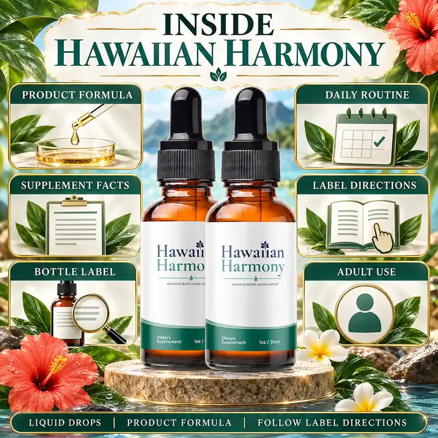 Brand graphic titled Inside Hawaiian Harmony with two amber dropper bottles in front of a tropical beach and hibiscus flowers, plus tiles for Product Formula, Daily Routine, Supplement Facts, Label Directions, Bottle Label and Adult Use