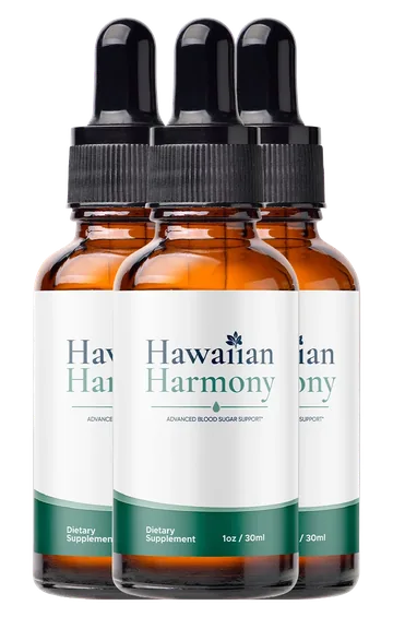 Three amber dropper bottles of Hawaiian Harmony