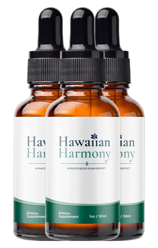 Three amber glass dropper bottles of Hawaiian Harmony with white labels reading Advanced Blood Sugar Support, 1 oz / 30 ml