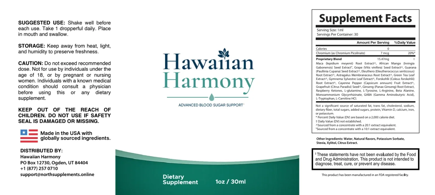 The full Hawaiian Harmony label laid flat: suggested use, cautions and distributor on the left, the logo and Advanced Blood Sugar Support in the middle, and the Supplement Facts panel on the right
